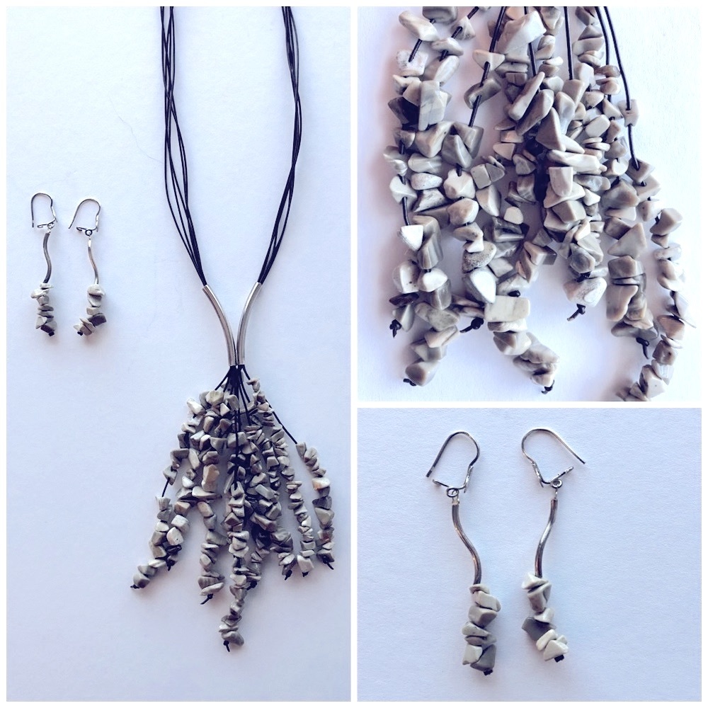 Striped Flint, European silver necklace and earrings.
